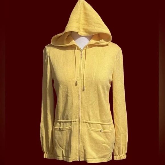 St. John Collection Women's Small Knit Wool Jacket Mustard Zip Lined Hood FLAWED - Picture 2 of 15